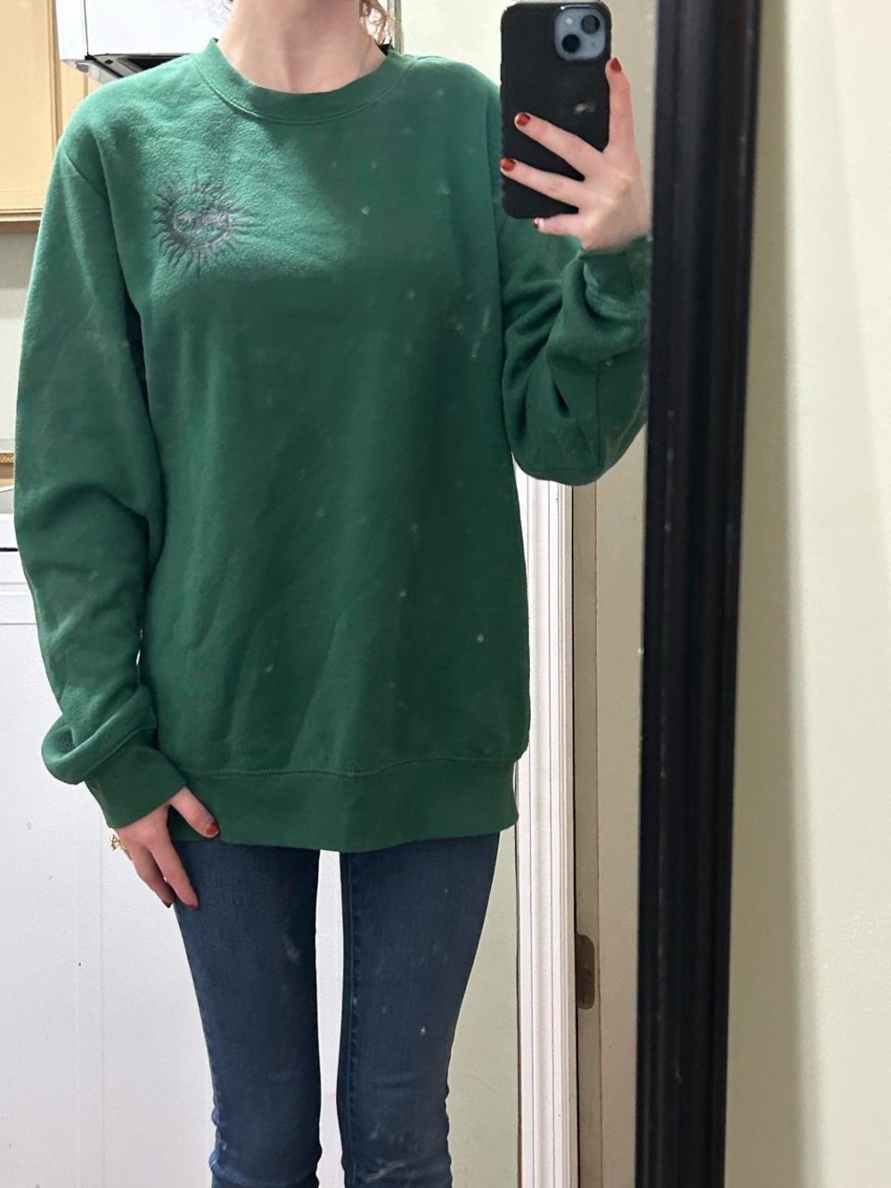 Chemistry Green Crewneck Sweatshirt with Neon Pink & Purple Sun Skull Graphic - Picture 2 of 3